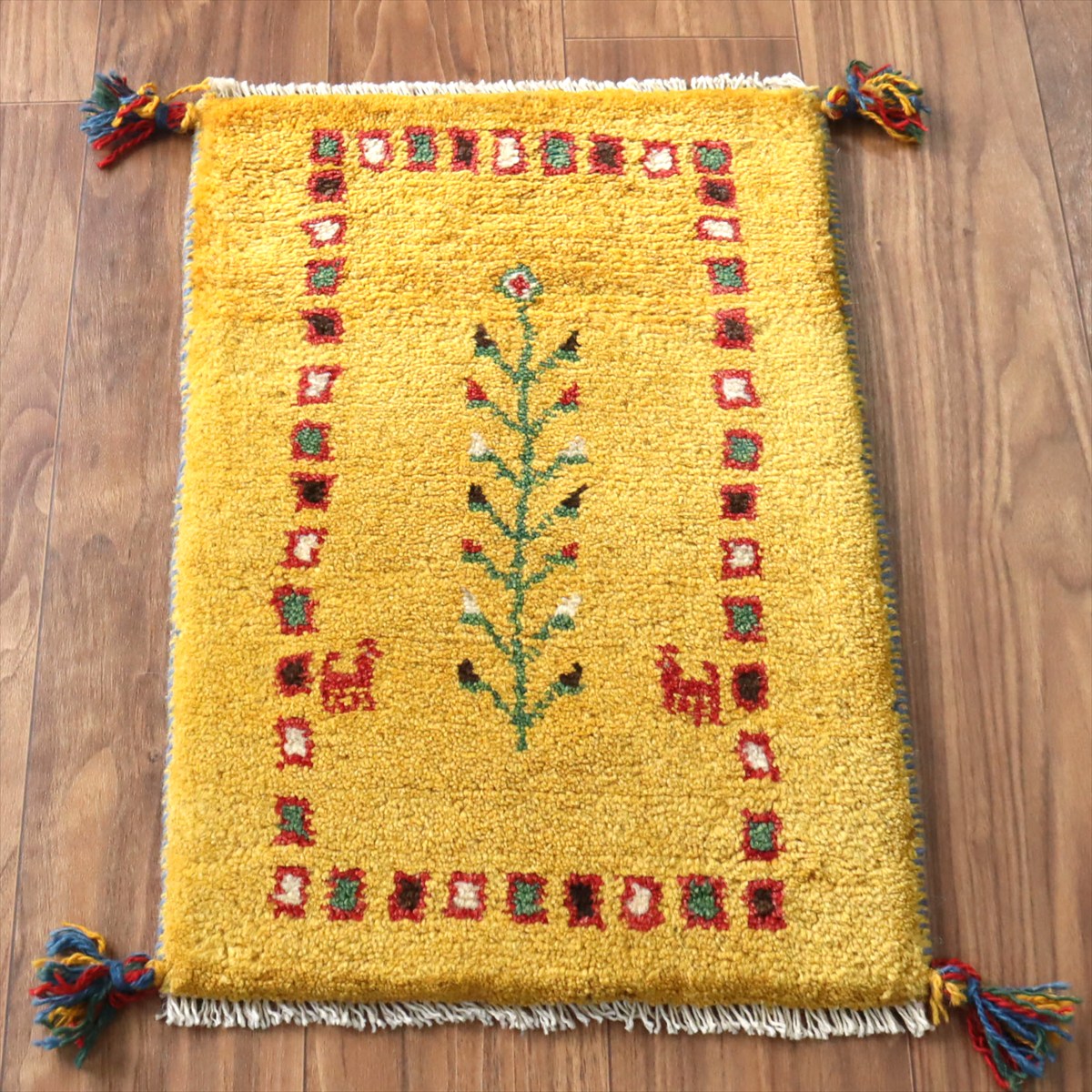 ギャッベ ミニギャベ イラン産 60×40cm イエロー 連なる生命の樹と動物