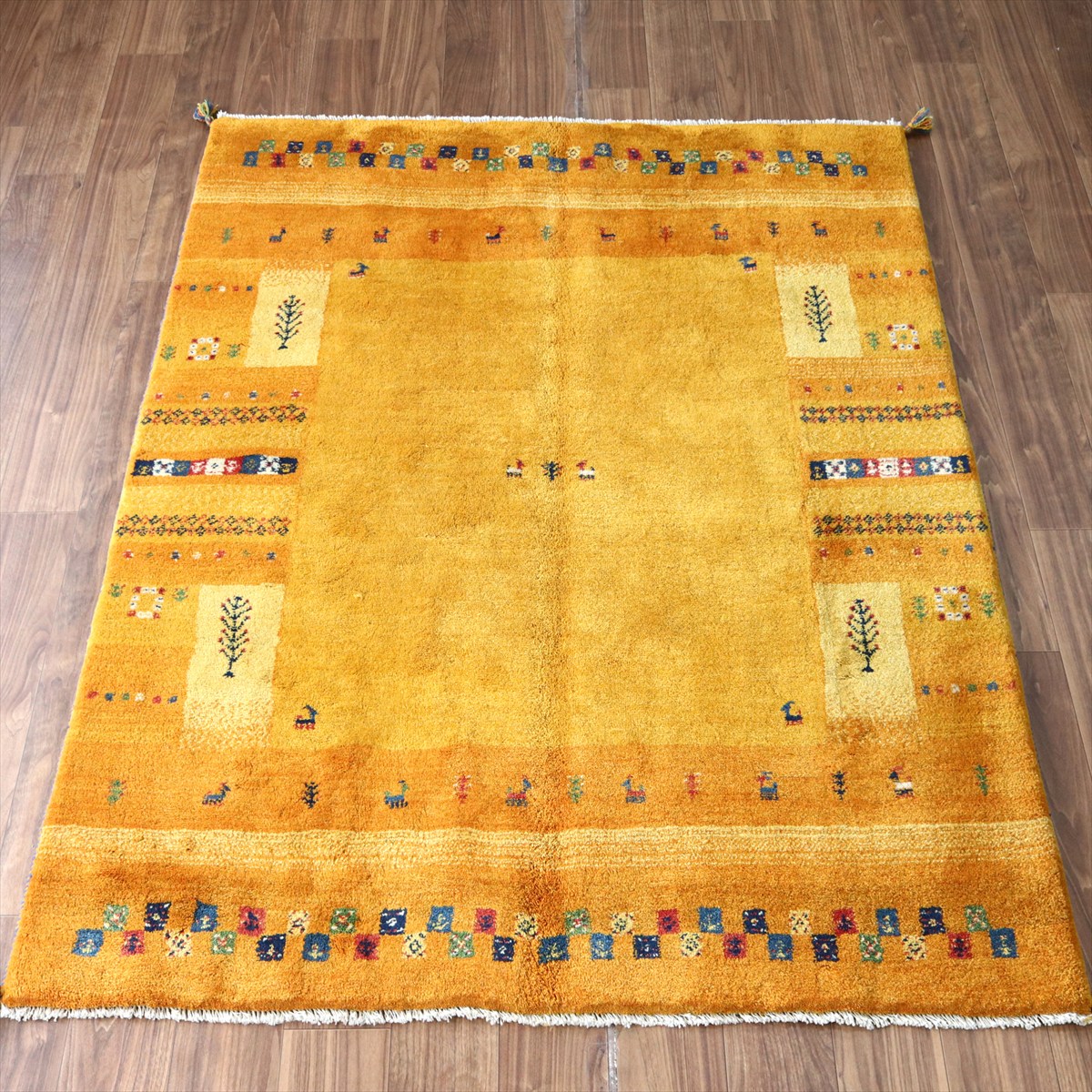 ギャッベ Gabbeh イエローオレンジ  183×155cm イラン産 カラフルな動物を生命の樹
