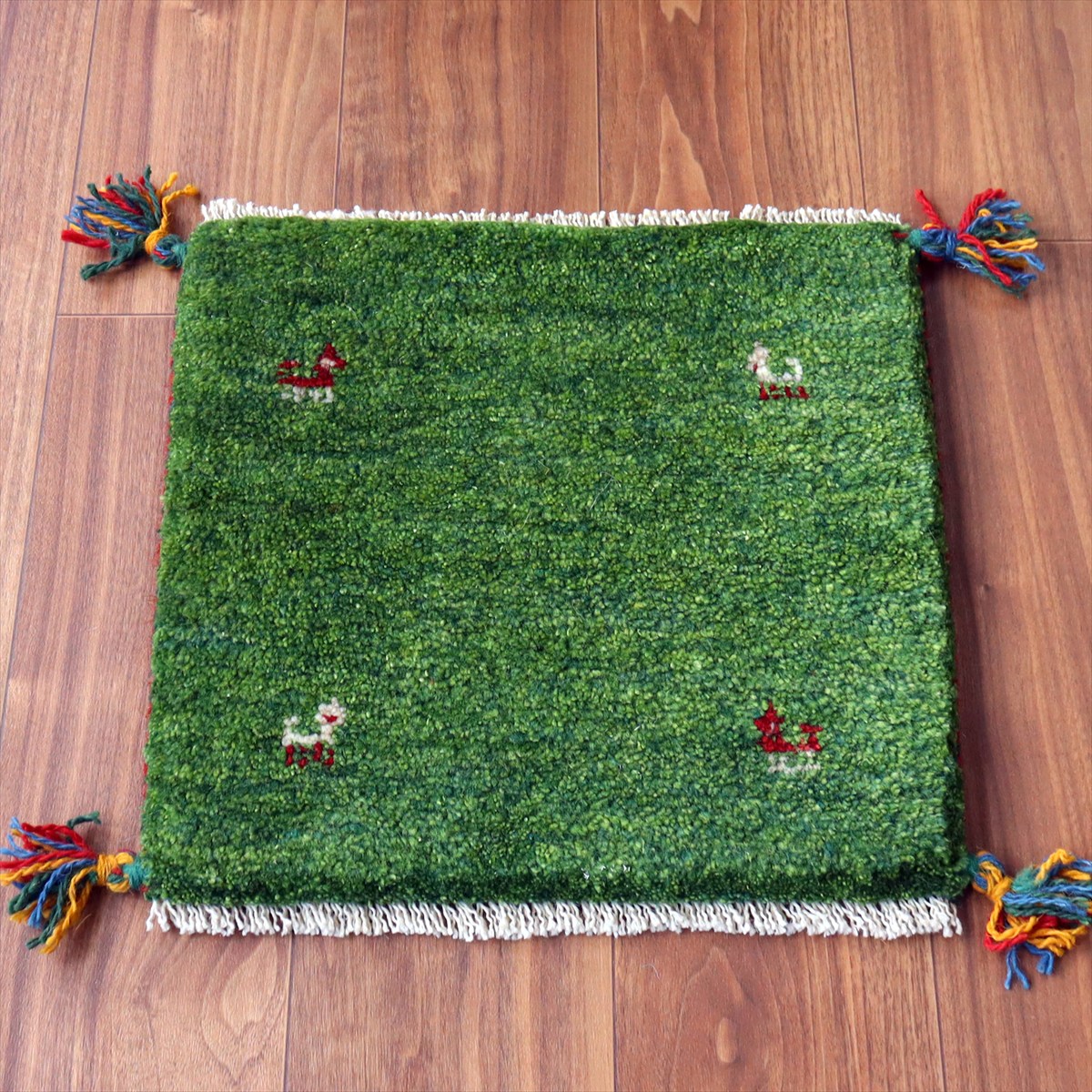 ギャッベ イラン産手織り 座布団サイズ 39×41cm グリーン 動物モチーフ