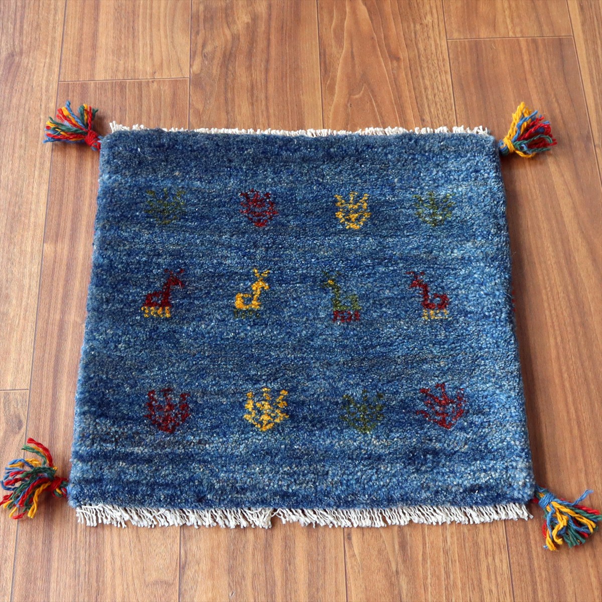 ギャッベ イラン産手織り 座布団サイズ 42×44cm ブルー 動物と生命の樹