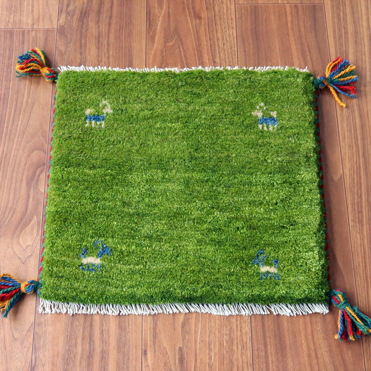 ギャッベ イラン産手織り 座布団サイズ 38×42cm グリーン 動物モチーフ