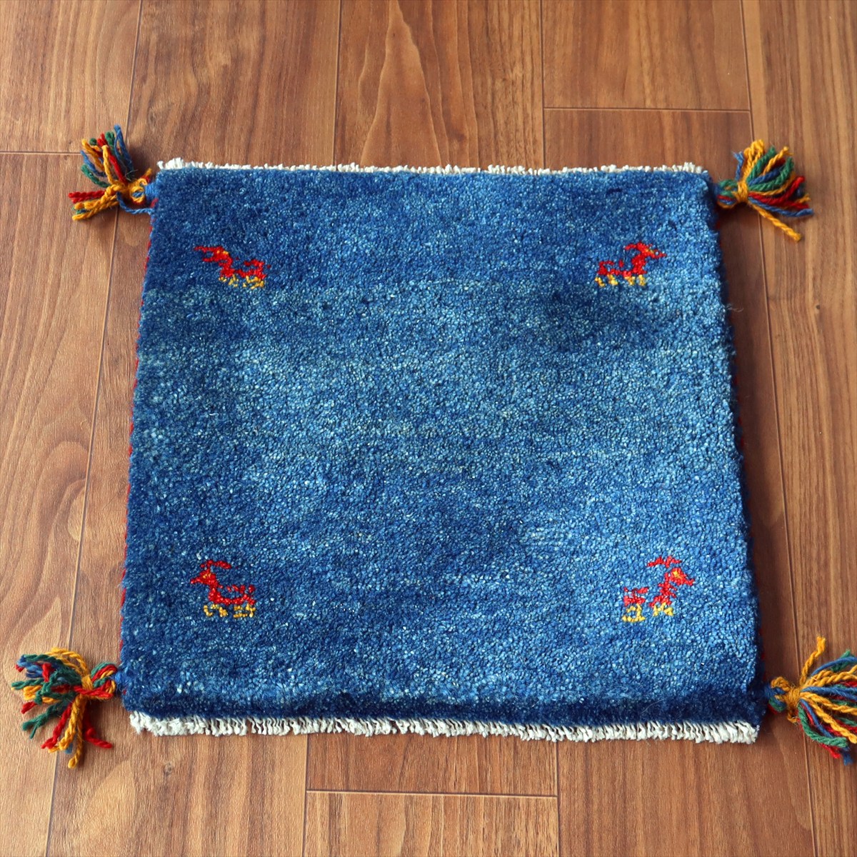 ギャッベ イラン産手織り 座布団サイズ 40×40cm ブルー 動物モチーフ