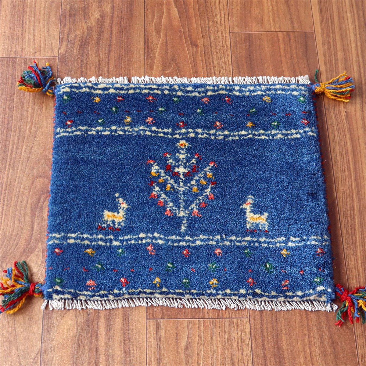 ギャッベ イラン産手織り 座布団サイズ 37×44cm ブルー 動物と生命の樹