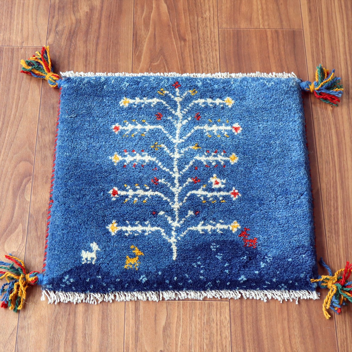 ギャッベ イラン産手織り 座布団サイズ 38×41cm ブルー 動物と生命の樹