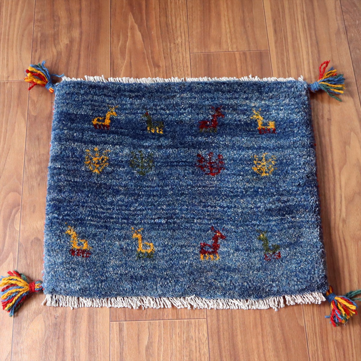 ギャッベ イラン産手織り 座布団サイズ 41×47cm ブルー 動物と生命の樹