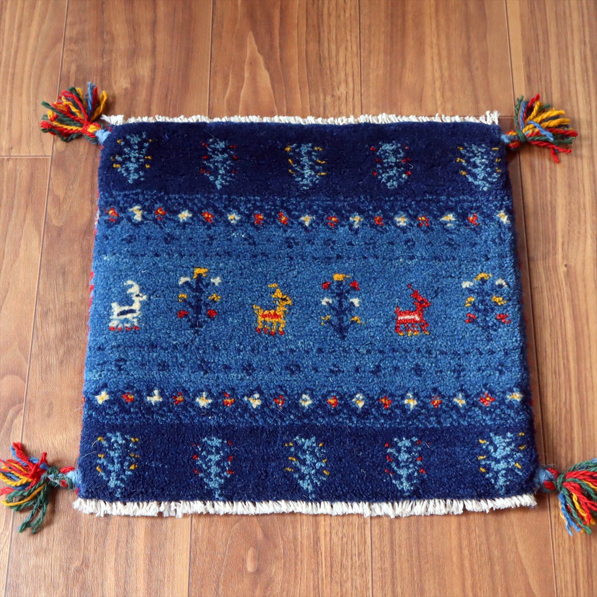 ギャッベ イラン産手織り 座布団サイズ 38×40cm ブルー 動物と生命の樹