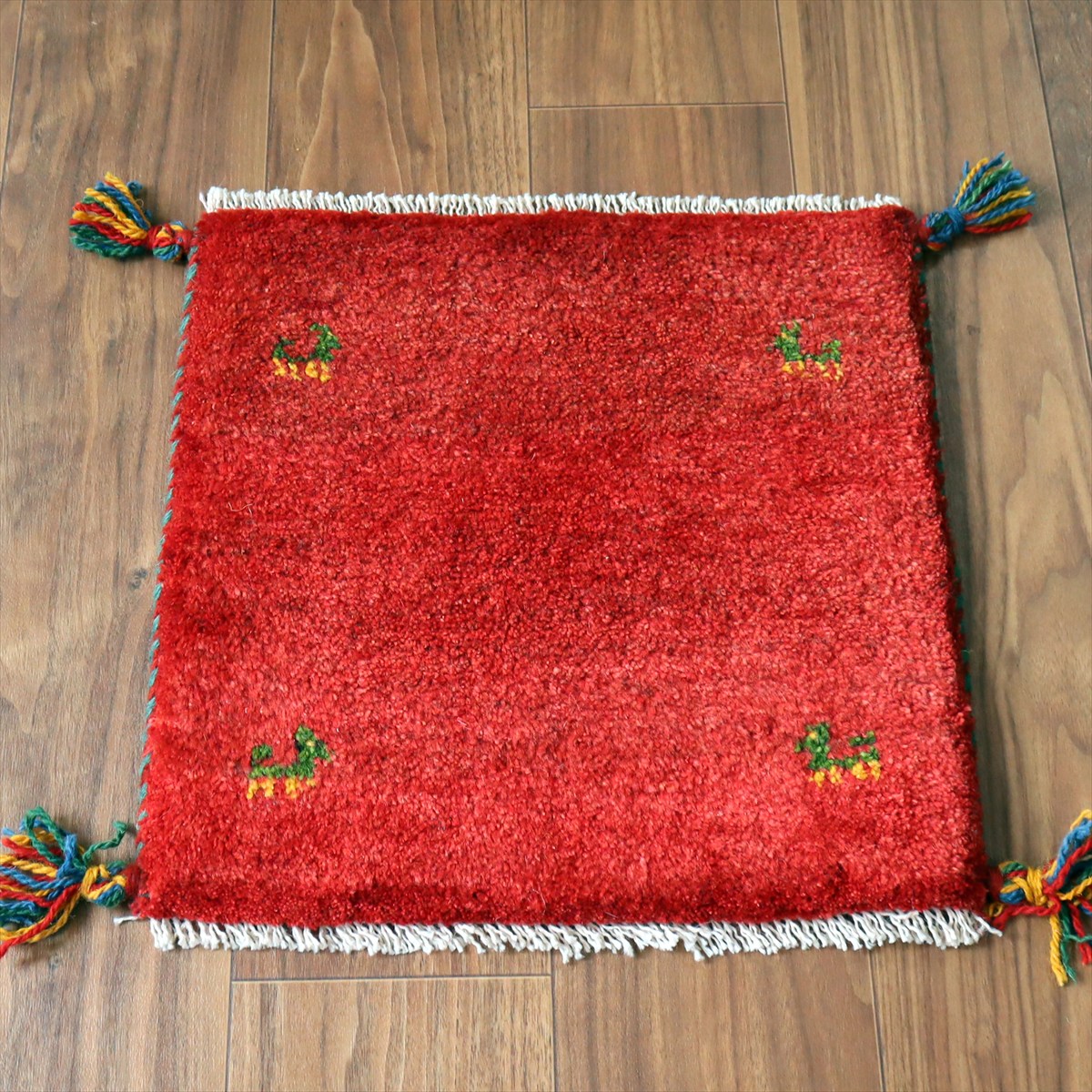 ギャッベ イラン産手織り 座布団サイズ 41×42cm レッド 動物モチーフ