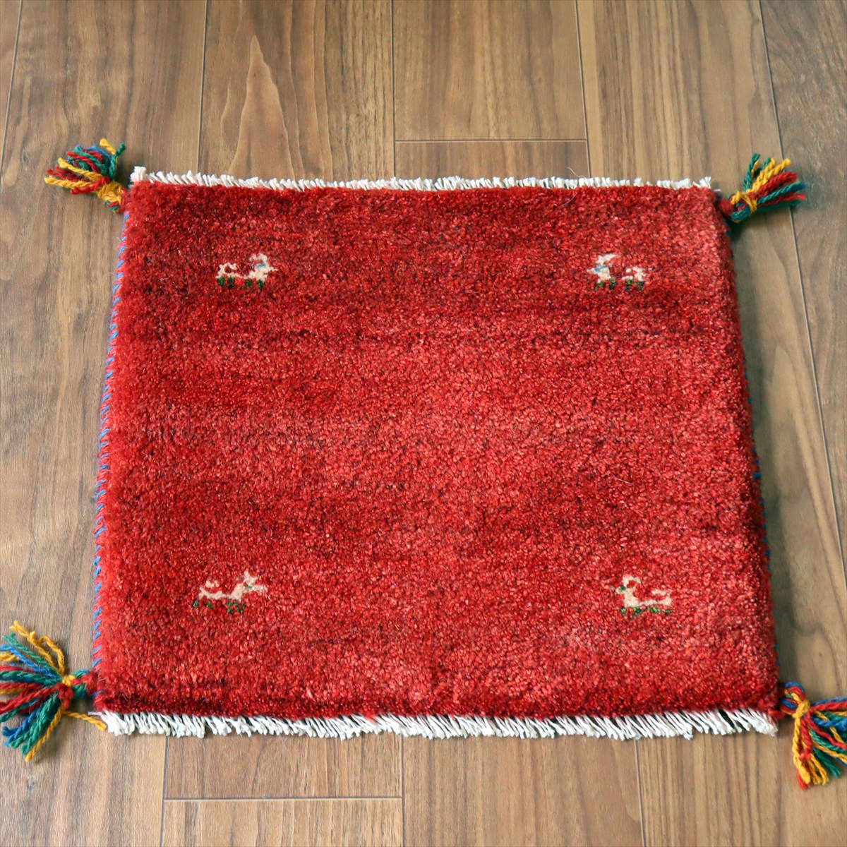ギャッベ イラン産手織り 座布団サイズ 41×46cm レッド 動物モチーフ