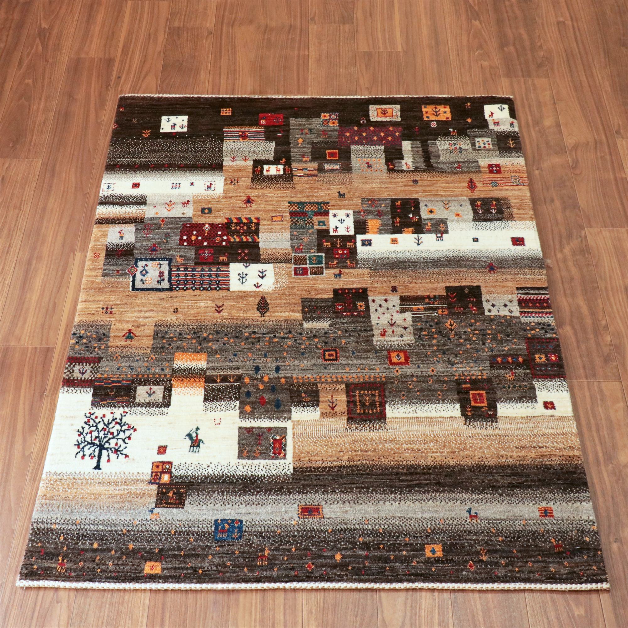 ギャッベ Nowbaft ノウバフト　手織り　イラン産ラグ 171x121cm 無染色モノトーン　モザイクパターン