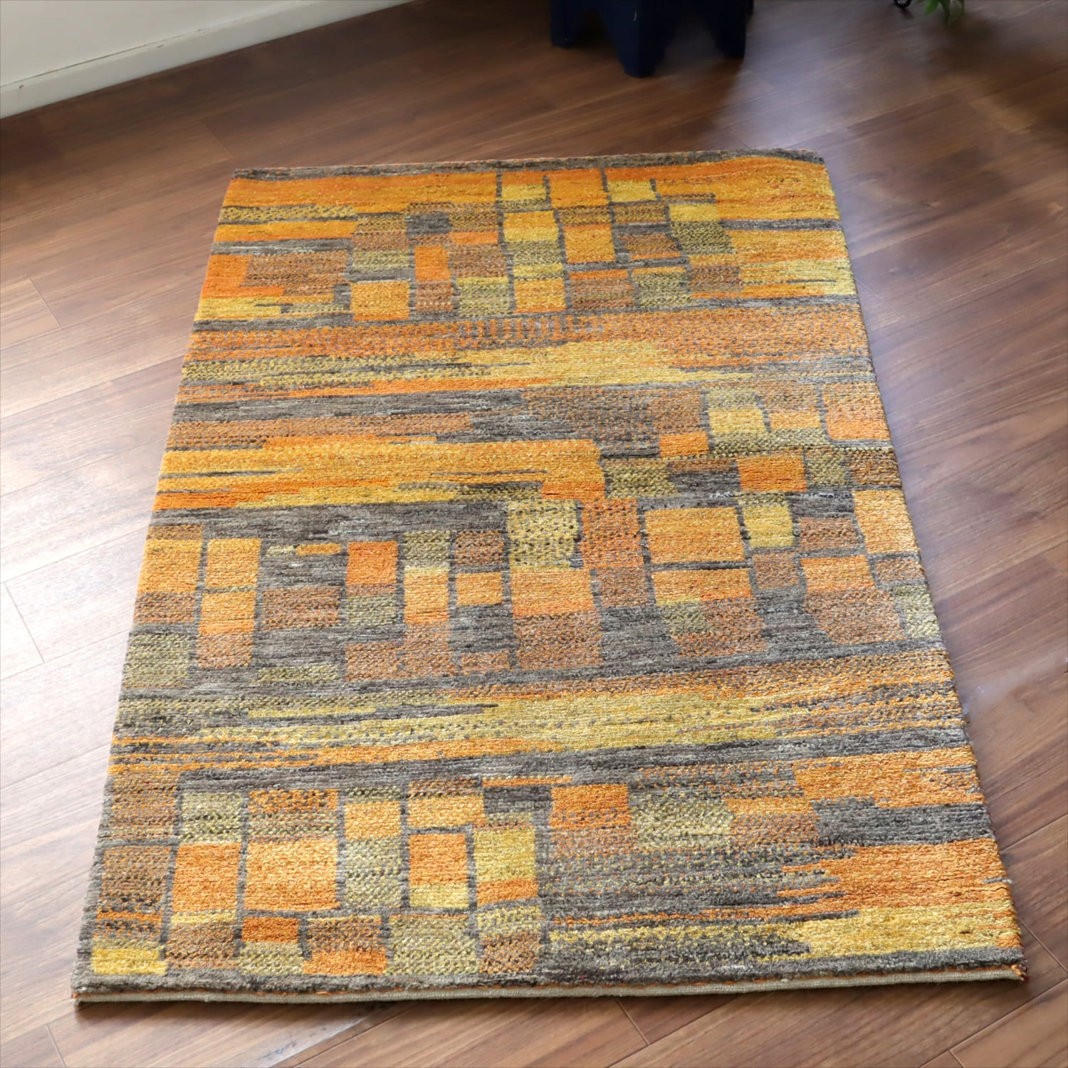 ギャッベ ノマド　 150x93cm オレンジ ブルー　抽象画のような幾何学デザイン