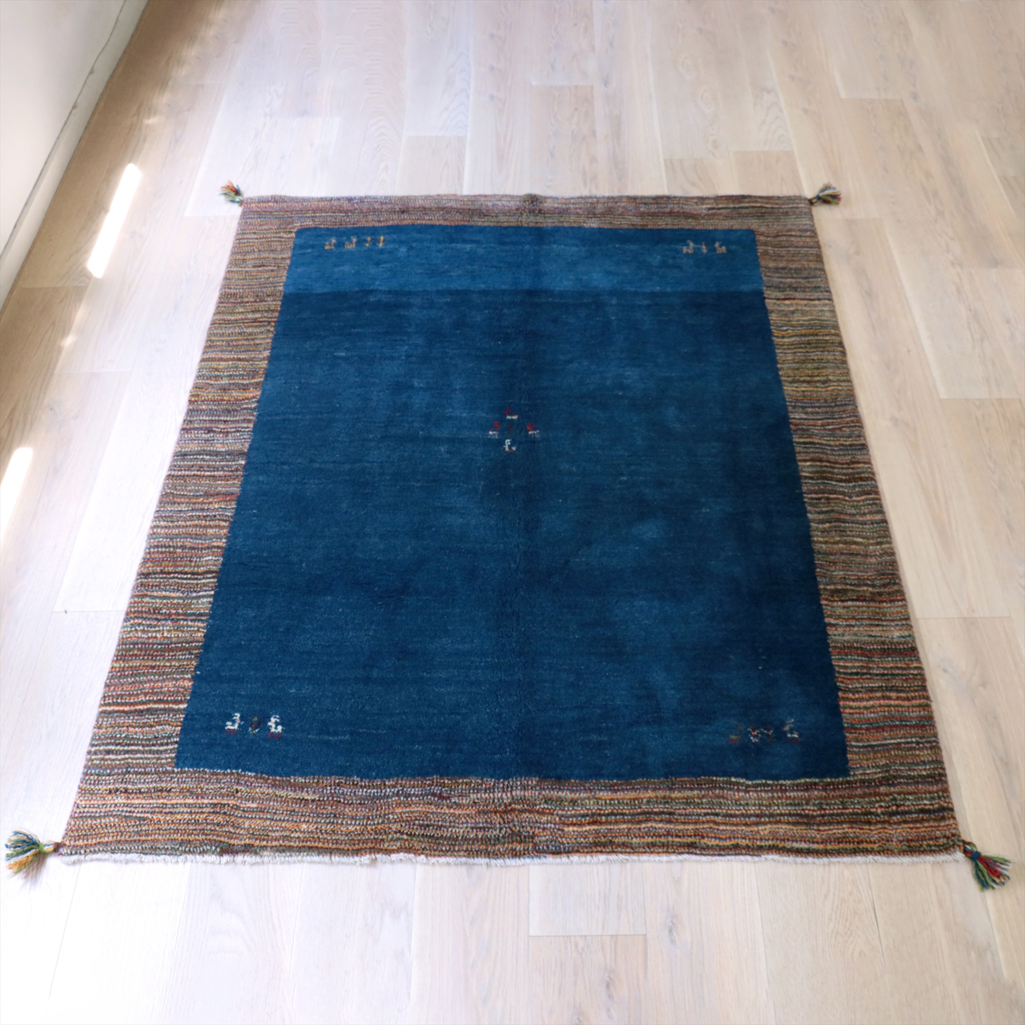Gabbeh ギャッベ ブルー ボーダー 180x150cm イラン産 手織りギャッベ トライバルラグ