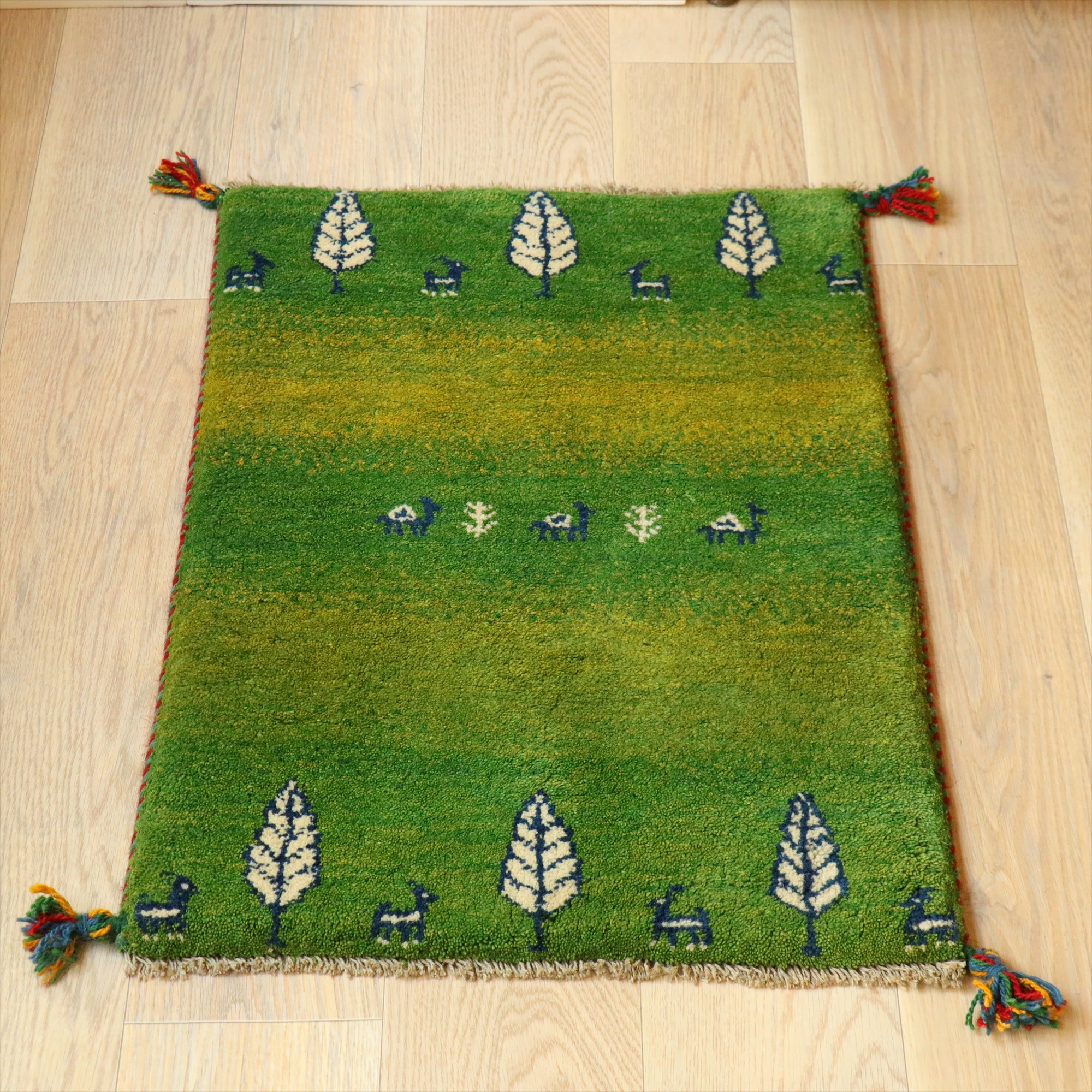 ギャベ イラン産手織り 88×60cm グリーングラデーション　ラクダ　玄関マット