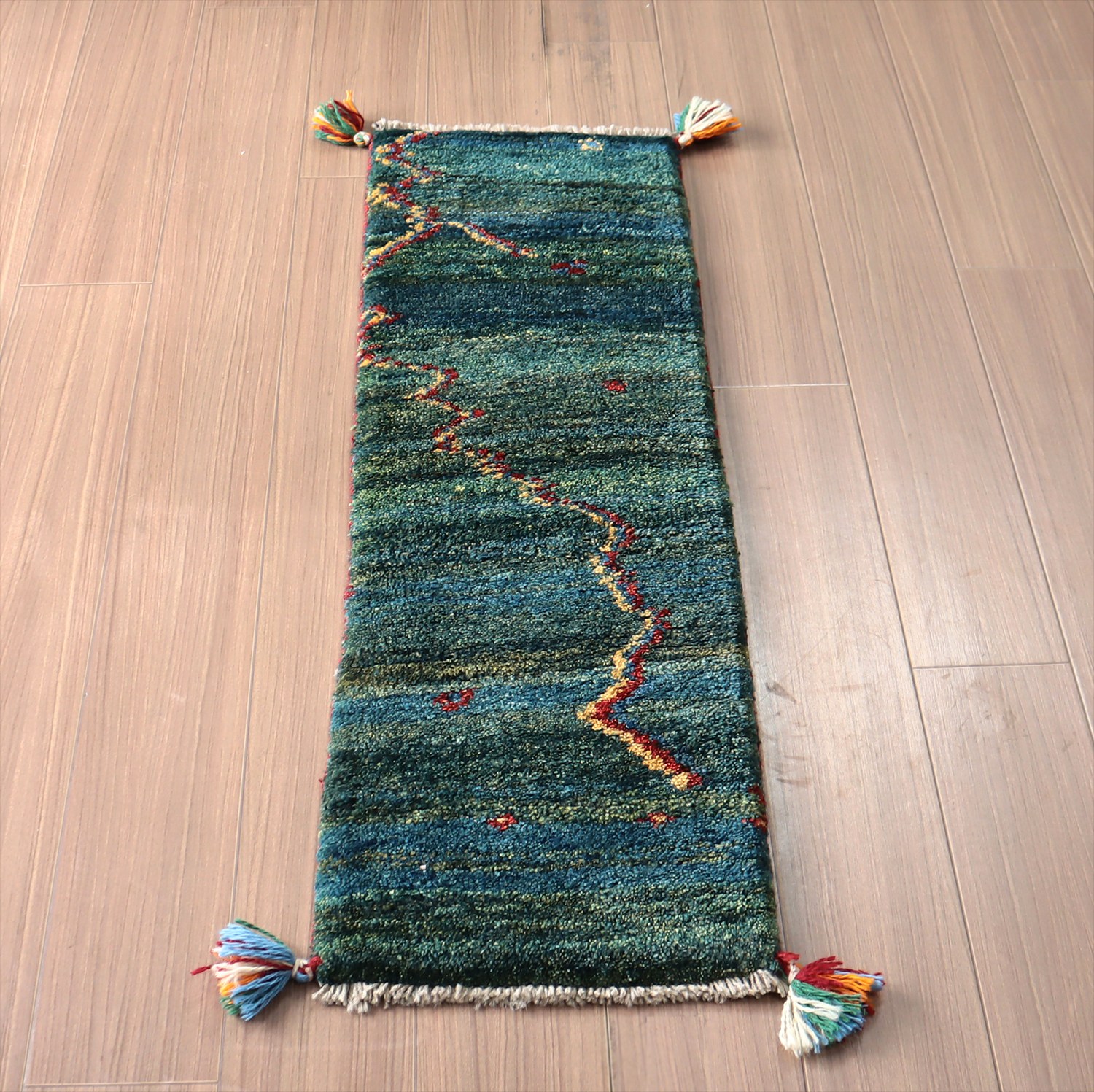 ギャッベ イラン 手織り　ランナーサイズ 120×38cm ブルーグリーン