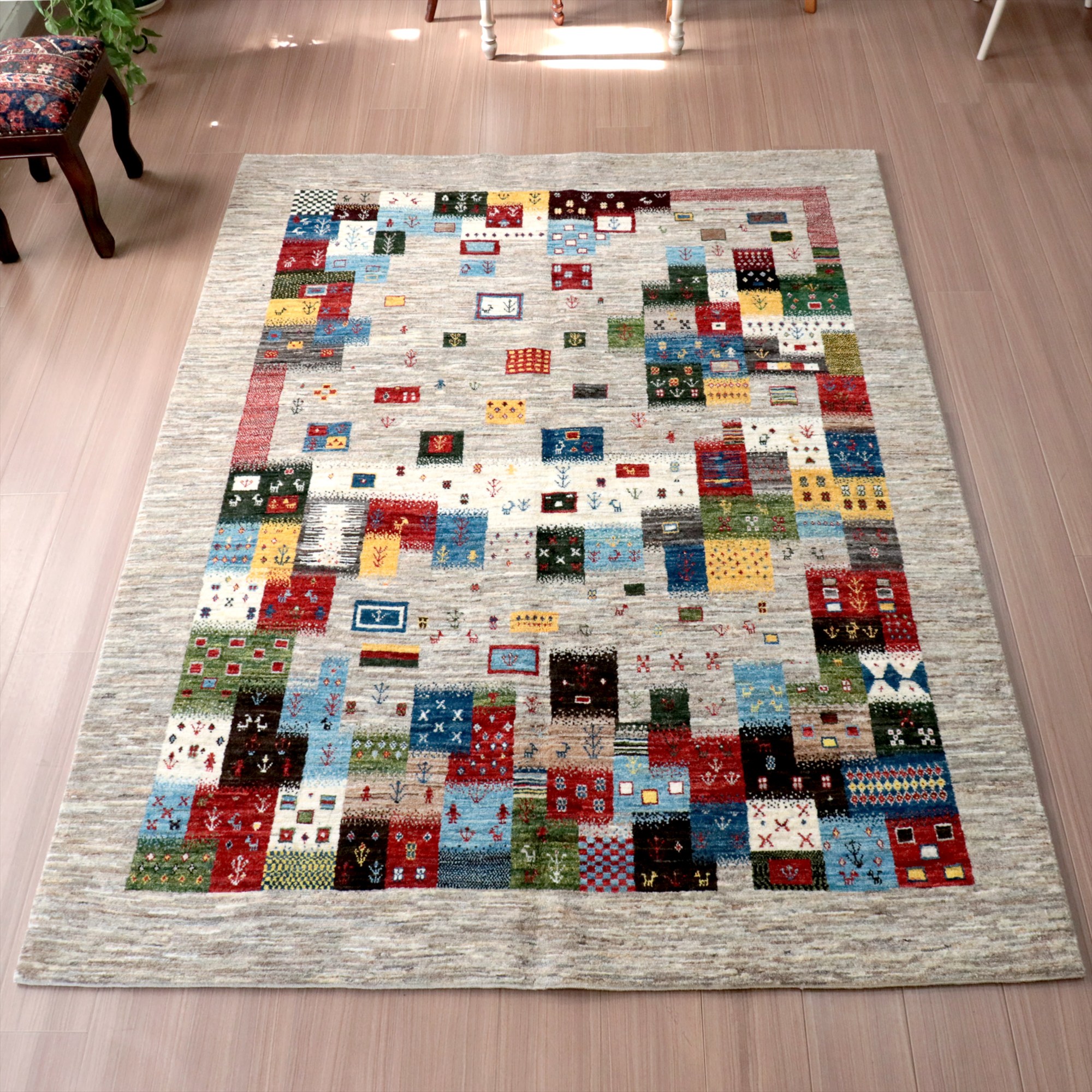 Gabbeh Nowbaft ノウバフト ギャッベ 218×162cm イラン　手織り絨毯 細かな織り　モザイクタイル グレー