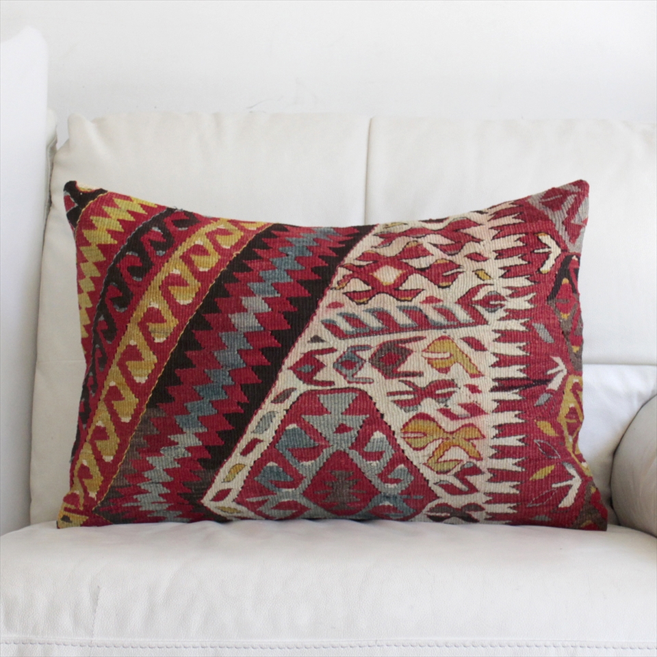 オールドキリムクッションカバー・長方形・枕型・ビッグピロー Old Turkish Kilim Cushion トルコのウール手織りキリム アイドゥン