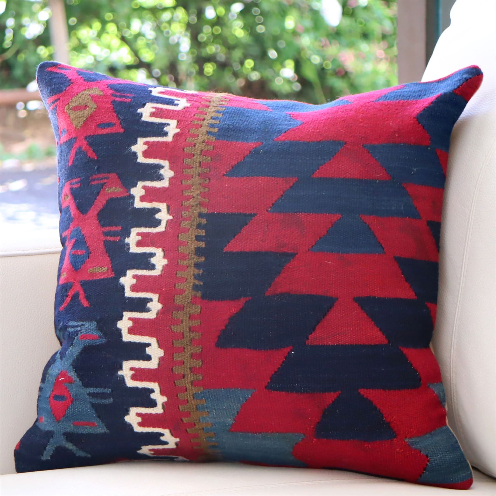 クッションカバー 40×40cm キリム ウール 手織り Turkish Kilim Cushion ブルー＆ピンク イーブルアイと鳥