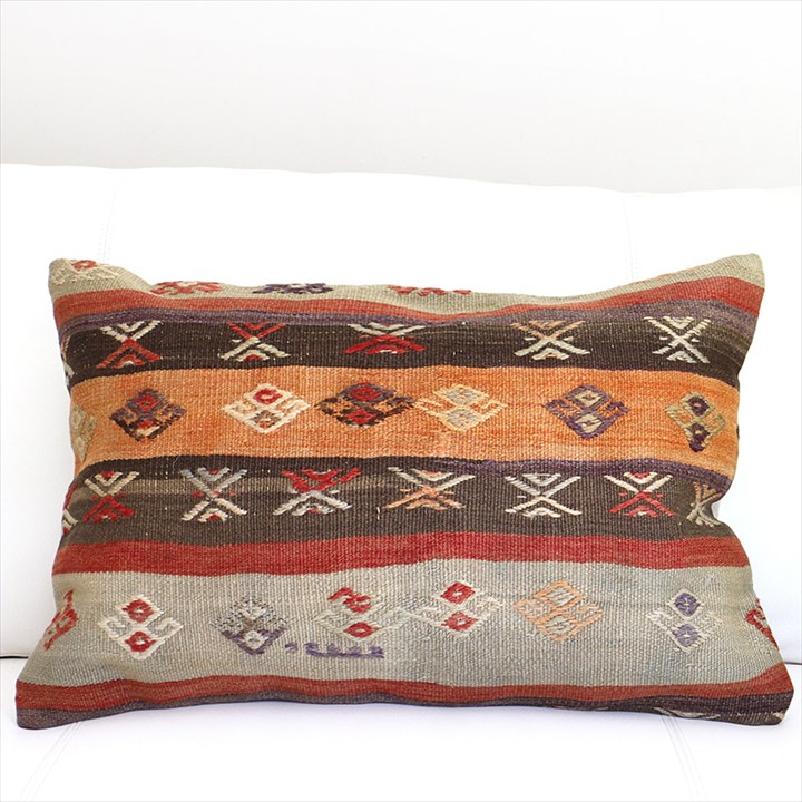 オールドキリムクッションカバー 長方形・枕型ビッグピロー Lumbar Pillow 60×40cm ボーダージジム・シワス