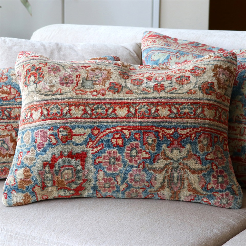 【15%OFF】トライバルラグ　絨毯クッション50×36cm コンヤ　ブルー＆レッド/横長 Lumber Pillow