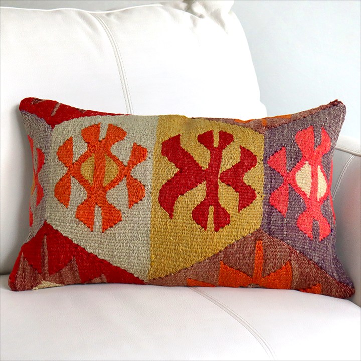 オールドキリムクッション・長方形 50×30cm オオカミの足跡 Turkish Old Kilim Lumbar Pillow