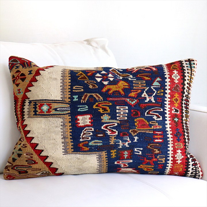 オールドキリムクッション・長方形 61×40cm セネ ヘビのモチーフ ビッグピロー Old Kilim　Lumbar Pillow