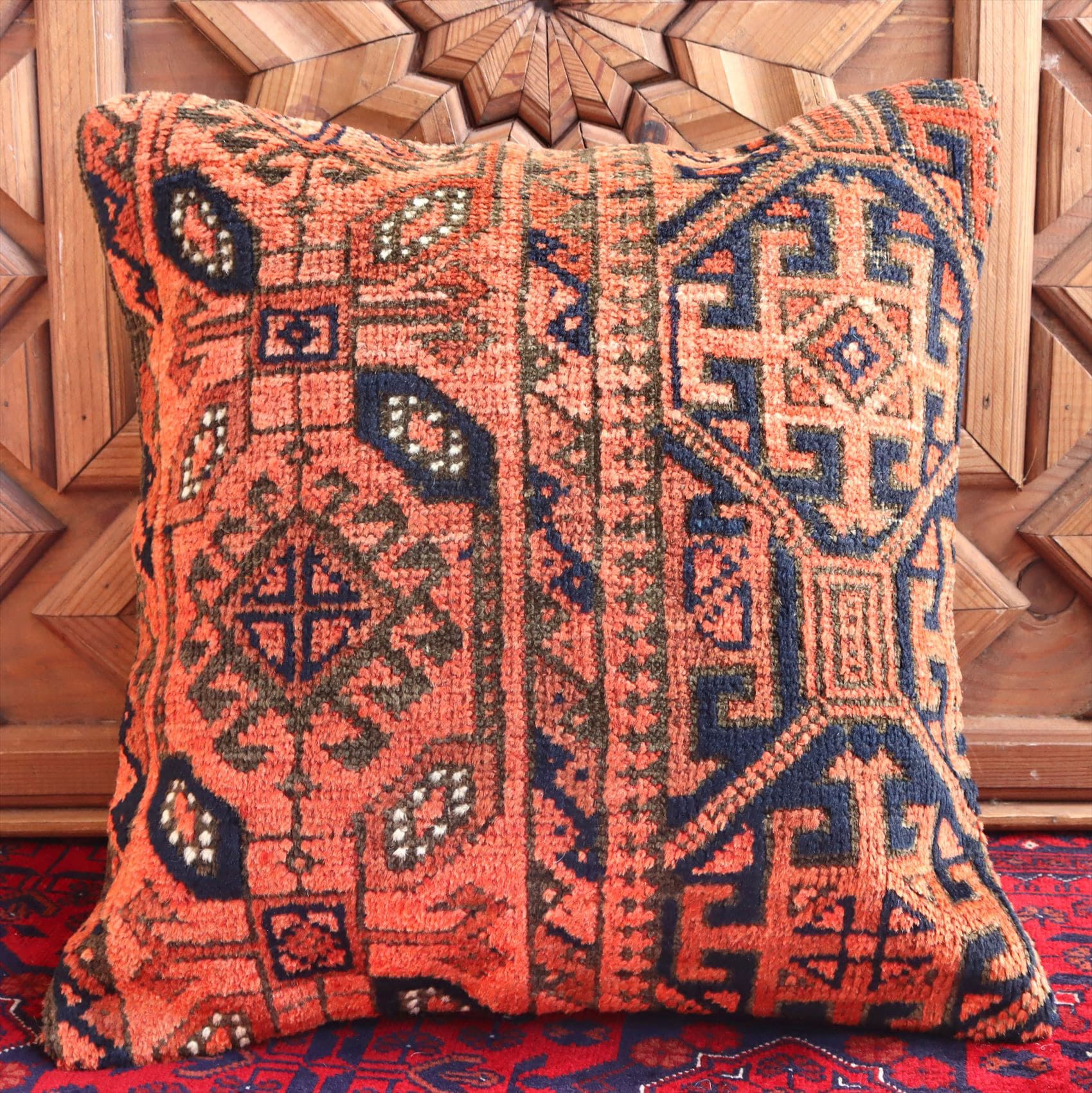 クッションカバー ヴィンテージ パイル織り 絨毯 40cmサイズ バルケスィル オレンジ レッド