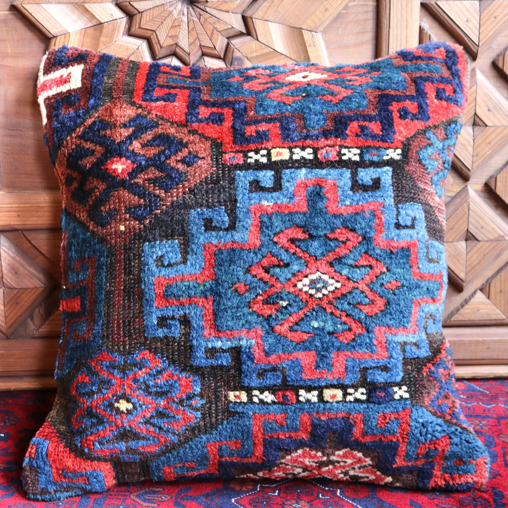 クッションカバー ヴィンテージ パイル織り 絨毯 40cmサイズ アンタルヤ ブルー＆レッド