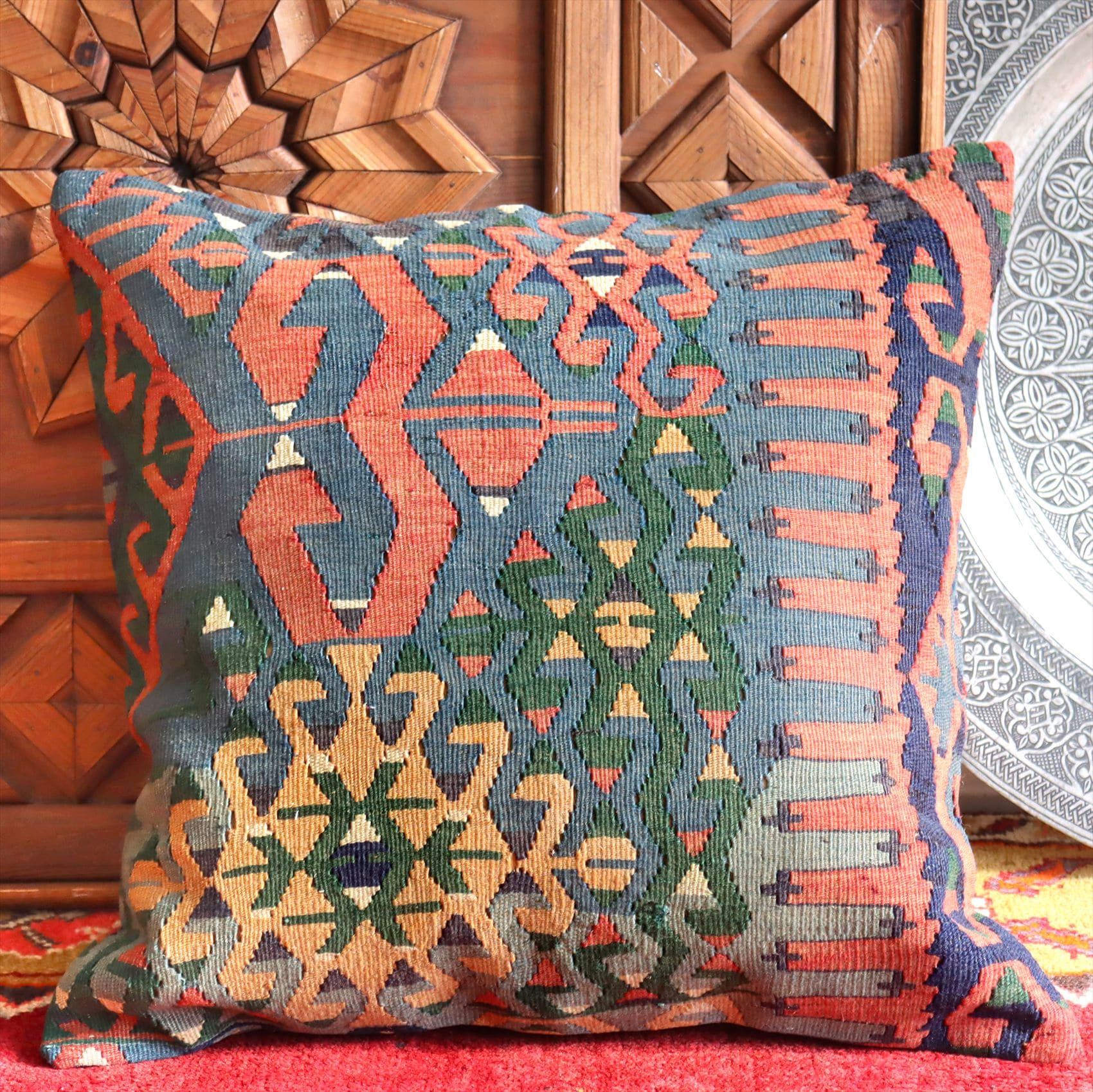 クッションカバー 50cmサイズ オールドキリム ヴィンテージ Old Kilim Cushion アイドゥン ブルー