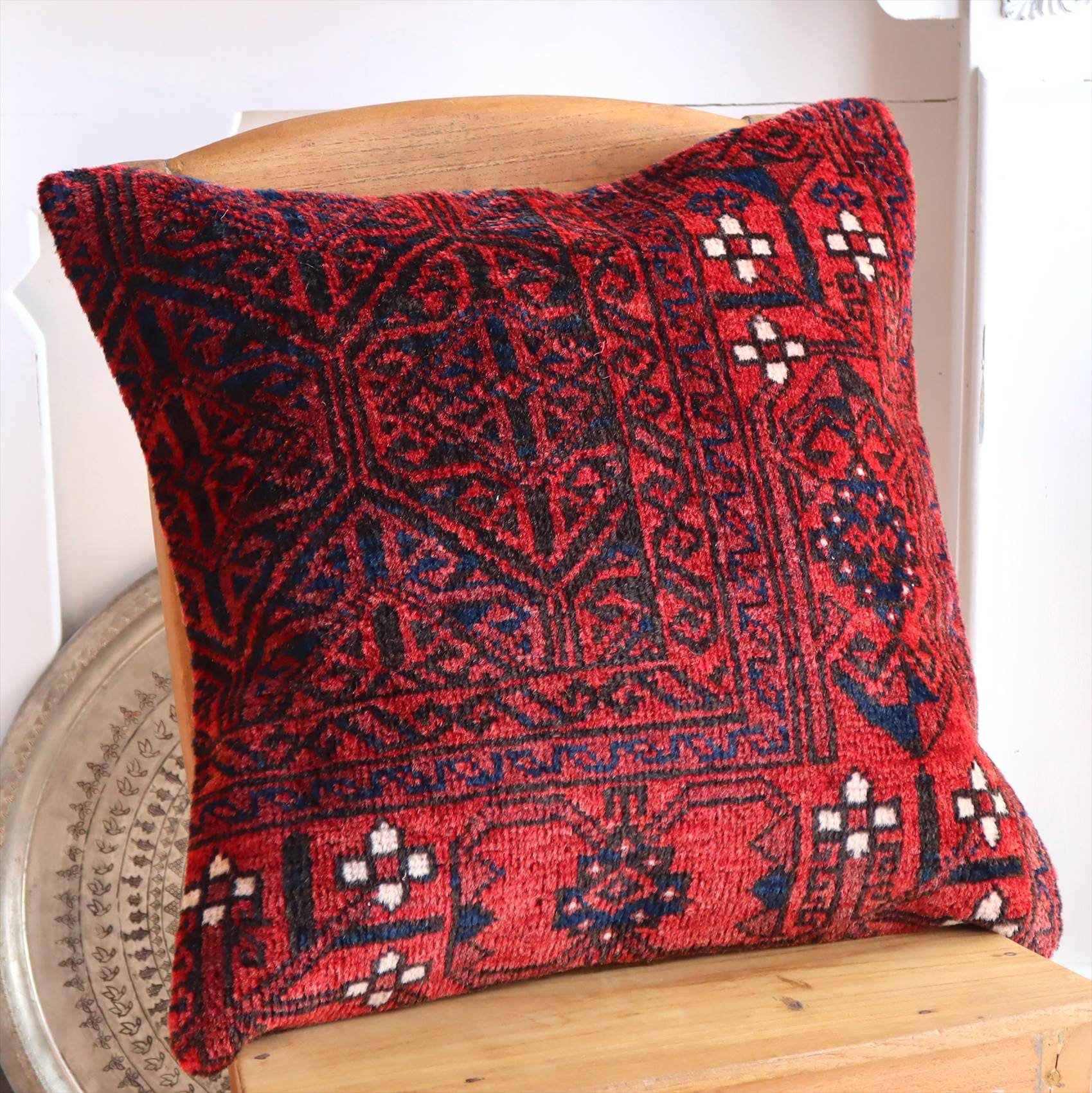クッションカバー ヴィンテージ パイル織り 絨毯 50cmサイズ バルーチ レッド