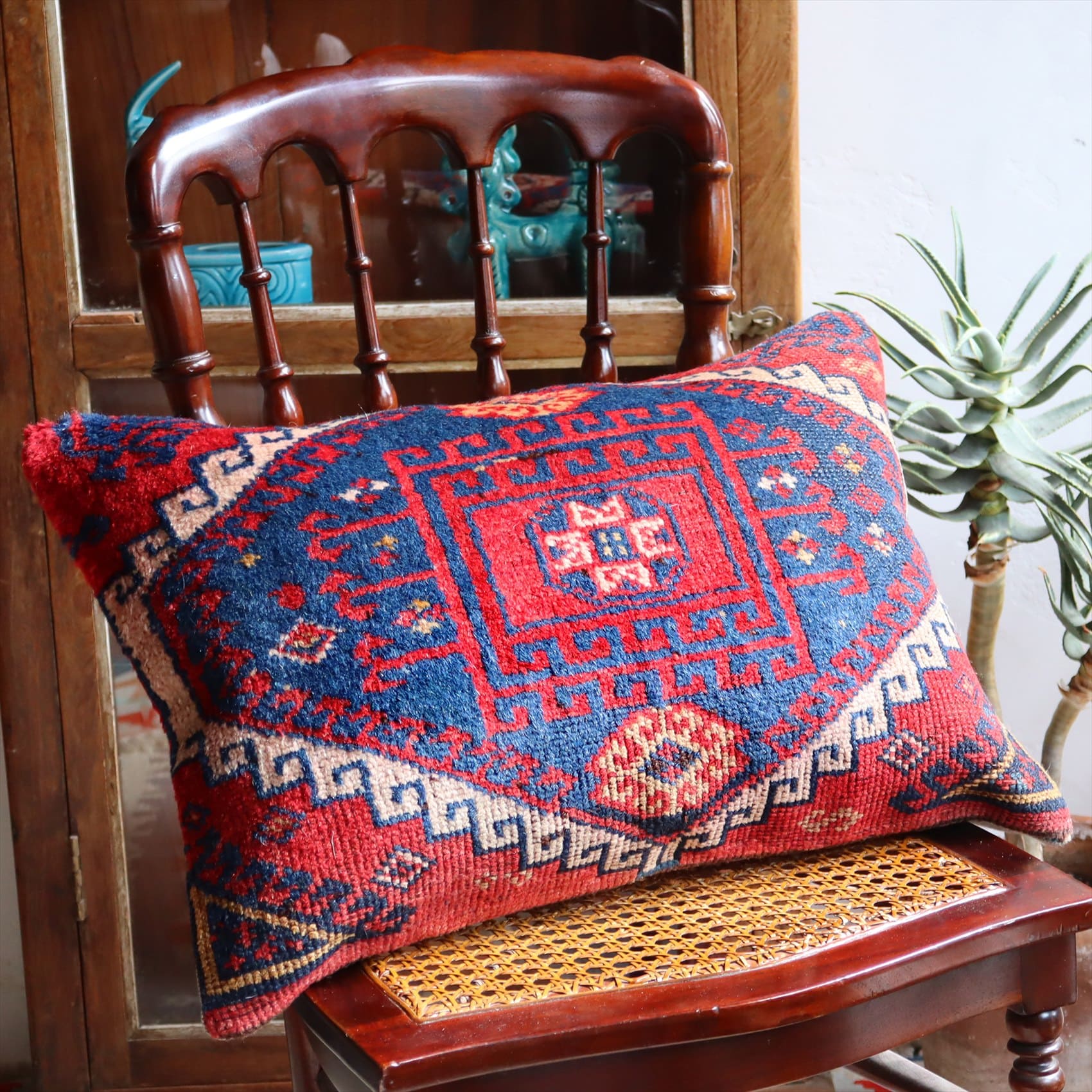 クッションカバー ヴィンテージ パイル織り 絨毯 ビッグピロー 横長 長方形 58×40cm マラテヤ レッド ブルー
