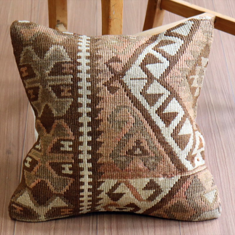 オールドキリム クッションカバー40×40cm シックなやさしいブラウン・幾何学モチーフ Old Kilim Cushion
