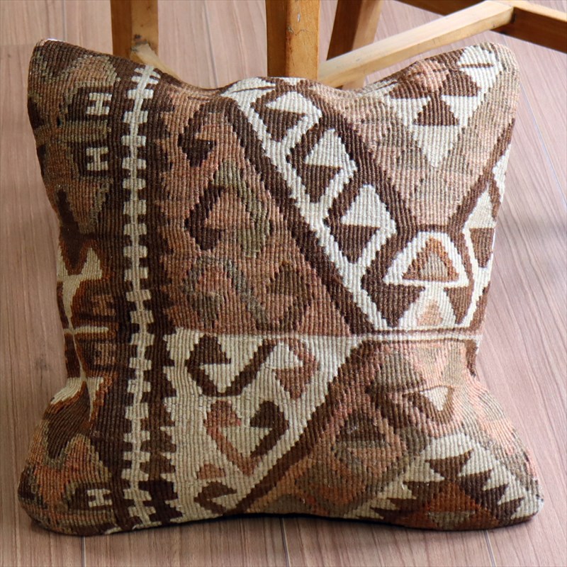 オールドキリム クッションカバー40×39cm シックなやさしいブラウン・幾何学モチーフ Old Kilim Cushion