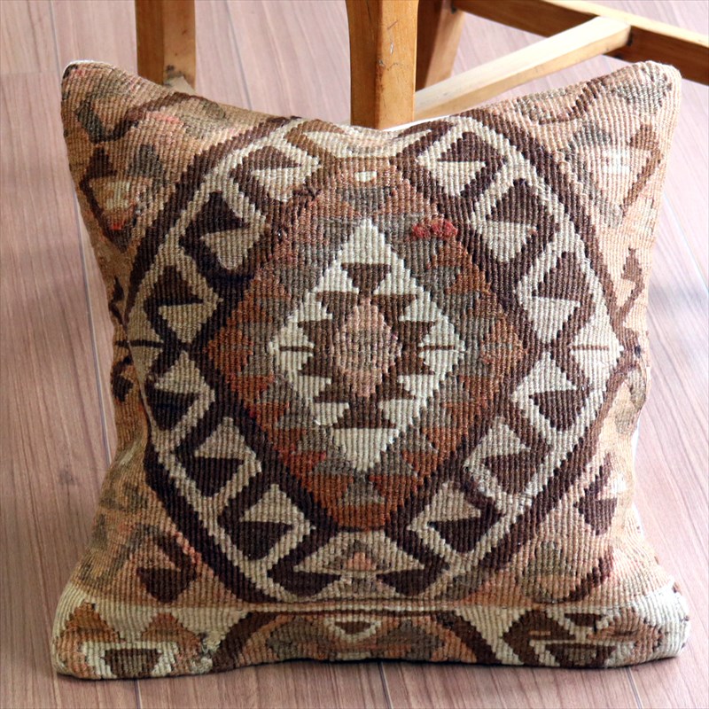 オールドキリム クッションカバー41×40cm シックなやさしいブラウン・幾何学モチーフ Old Kilim Cushion
