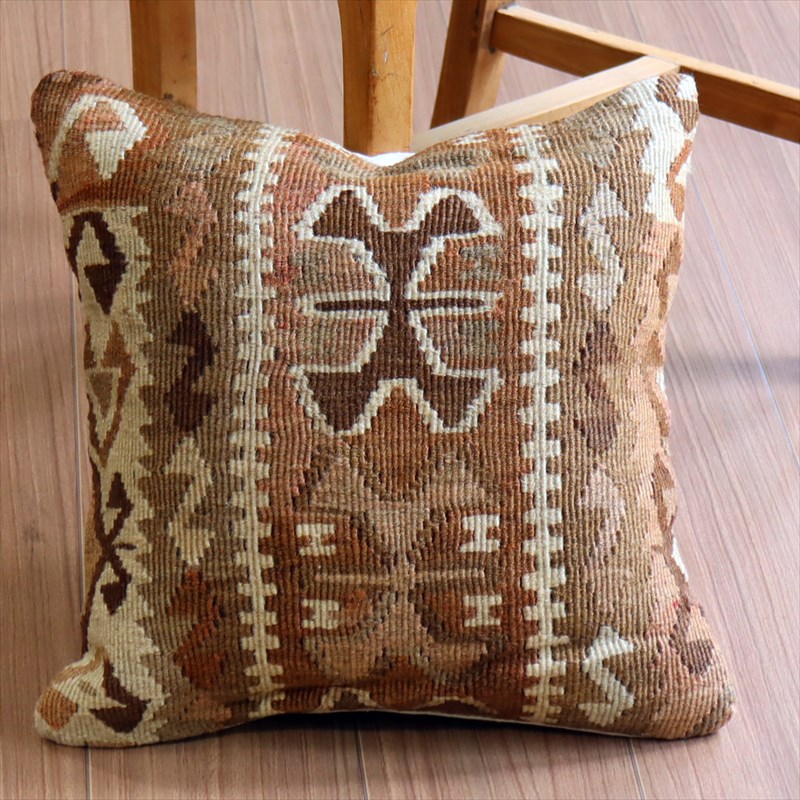 オールドキリム クッションカバー41×40cm シックなやさしいブラウン・幾何学モチーフ Old Kilim Cushion