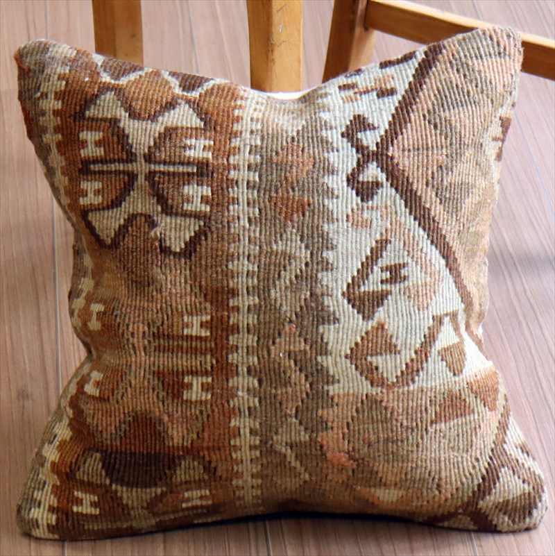 オールドキリム クッションカバー40×40cm シックなやさしいブラウン・幾何学モチーフ Old Kilim Cushion
