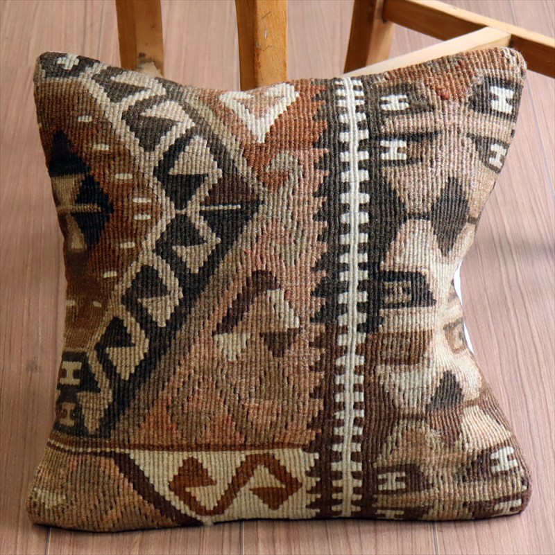 オールドキリム クッションカバー40×40cm シックなやさしいブラウン・幾何学モチーフ Old Kilim Cushion