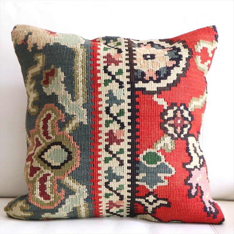 オールドキリム クッションカバー40×41cm ブルガリア・花とつる草 Old Kiilim Cushion