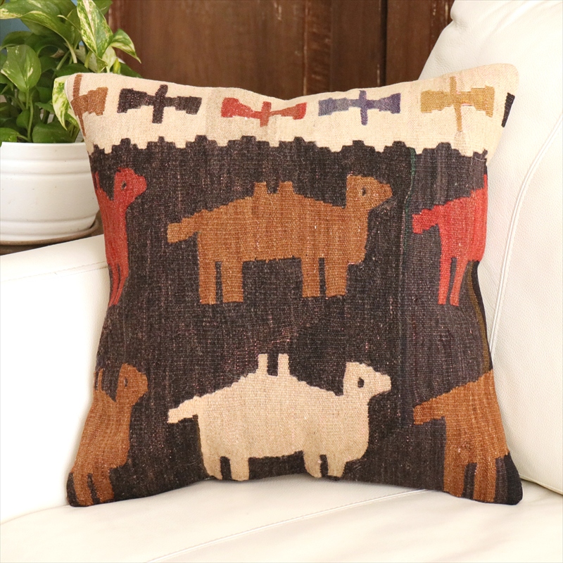 オールドキリム クッションカバー 40cm角 40×40cm シワス　ラクダ