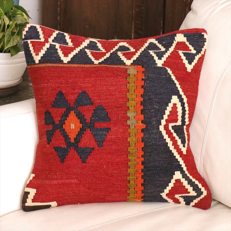 オールドキリム クッションカバー 40cm角 40×40cm クバ　レッド＆ネイビー　コーカサス地方