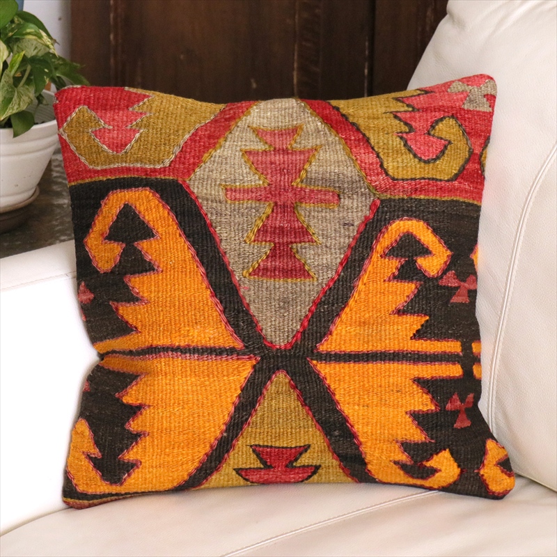 オールドキリム クッションカバー 40cm角 39×40cm コンヤ　鳥の羽モチーフ