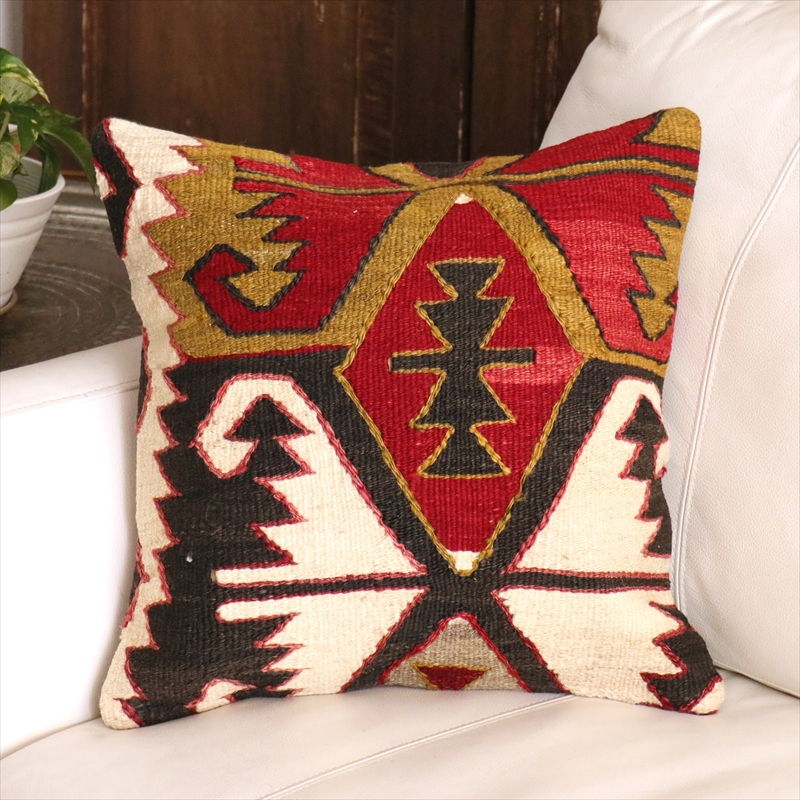 オールドキリム クッションカバー 40cm角 40×40cm コンヤ　鳥の羽モチーフ