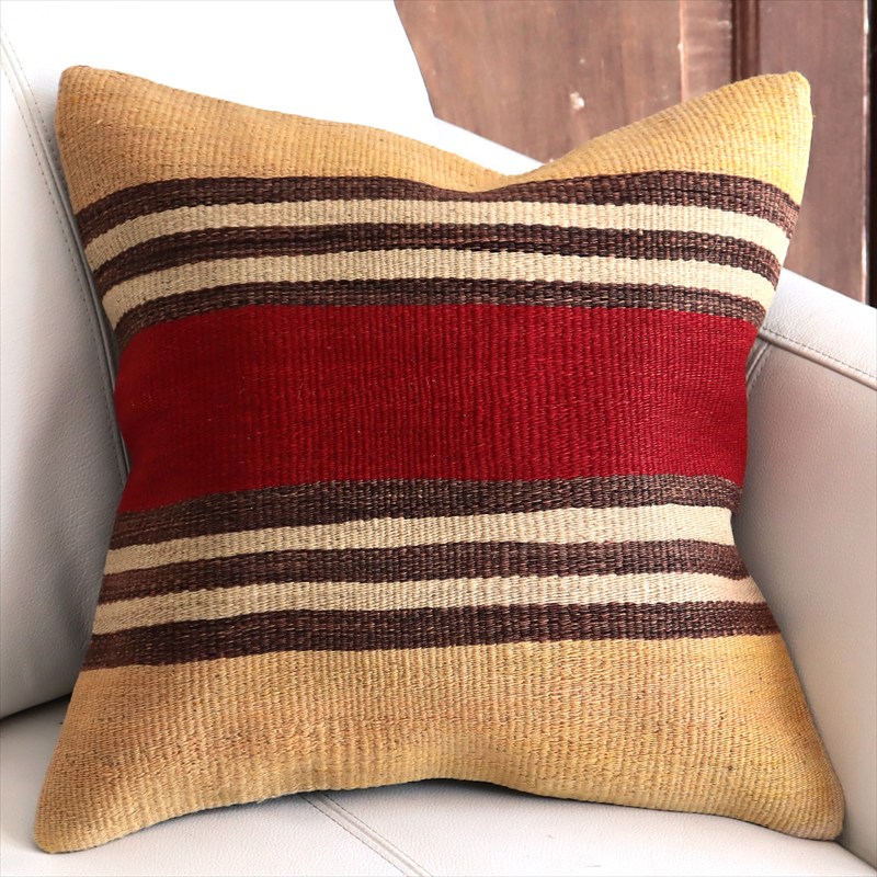 オールドキリムクッションカバー 40cm角サイズ 40×40cm レッド＆イエロー ボーダー
