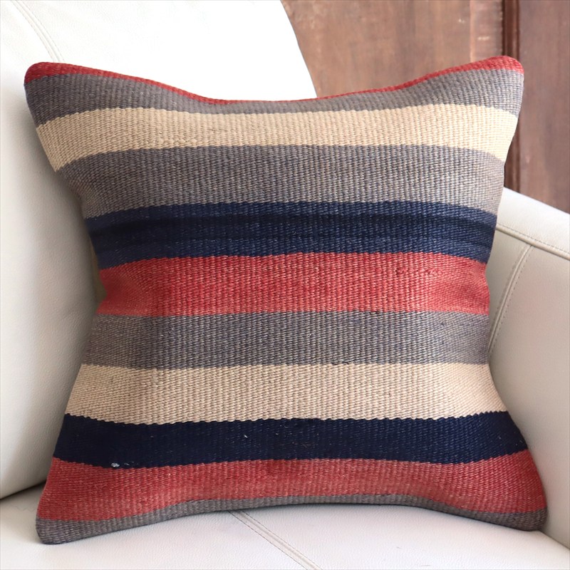 オールドキリムクッションカバー 40cm角サイズ 39×39cm ローズピンクとインディゴのボーダー
