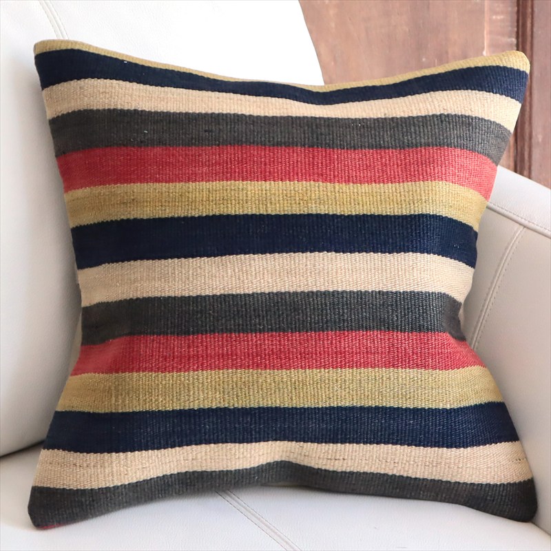 オールドキリムクッションカバー 40cm角サイズ 39×39cm ローズピンクとインディゴのボーダー