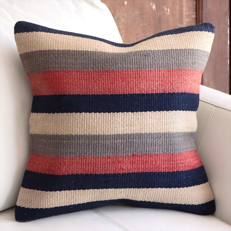 オールドキリムクッションカバー 40cm角サイズ 40×40cm ローズピンクとインディゴのボーダー