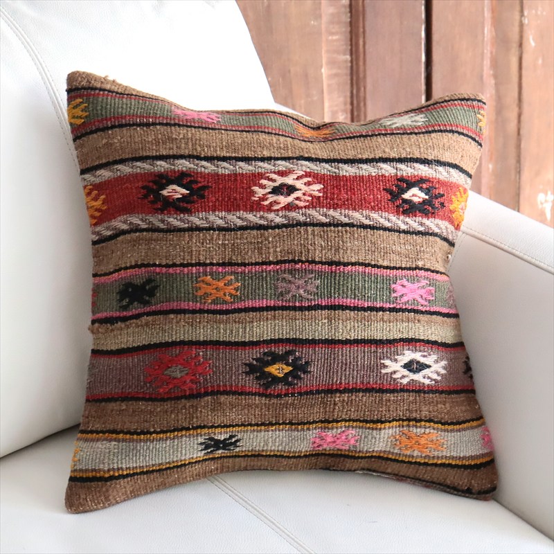 オールドキリム 40cm角クッションカバー38×39cm ボーダー・ジジム Old Kilim Cushion