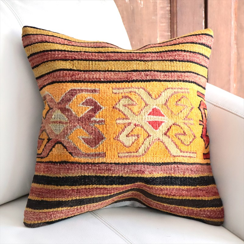 オールドキリム 40cm角クッションカバー40×40cm イエローオレンジ Old Kilim Cushion