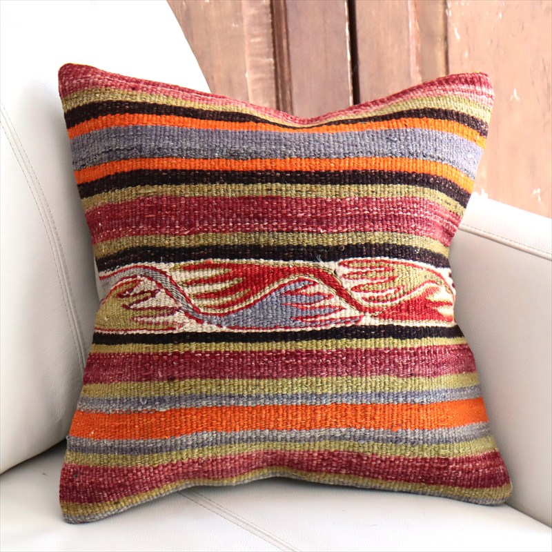 オールドキリム 40cm角クッションカバー39×39cm ボーダーと鳥のモチーフ Old Kilim Cushion