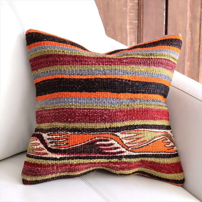 オールドキリム 40cm角クッションカバー39×40cm ボーダーと鳥のモチーフ Old Kilim Cushion