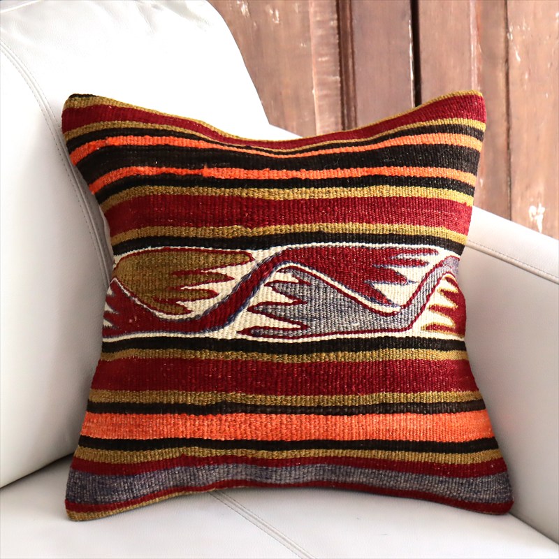 オールドキリム 40cm角クッションカバー39×40cm ボーダーと鳥のモチーフ Old Kilim Cushion