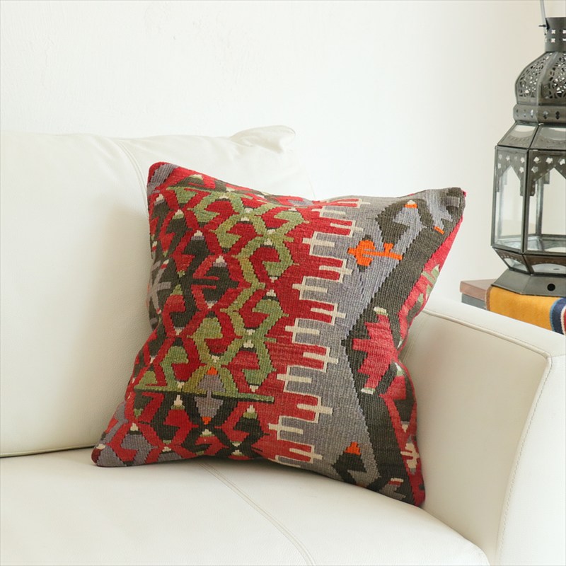 オールドキリム 40cm角クッションカバー40×40cm エシュメ レッド＆ブルー Old Kilim Cushion